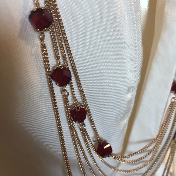 Multi tier layered long necklace chain, red beads, gold dress jewellery, - Picture 3 of 5